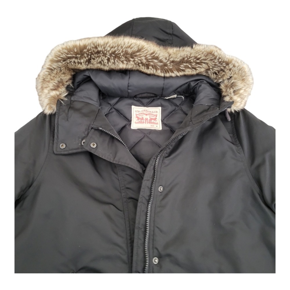 Levi's Womens Down Puffer Jacket Medium Snow Winter Ski Hood Faux Fur - Picture 5 of 16